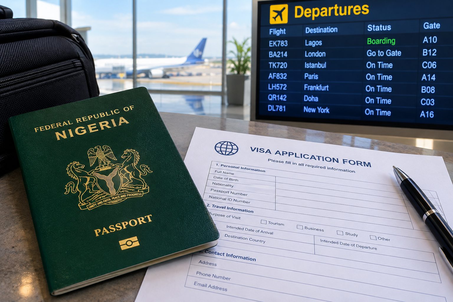 A passport, visa application form and airport departure board illustrate the importance of checking official travel requirements before departure.