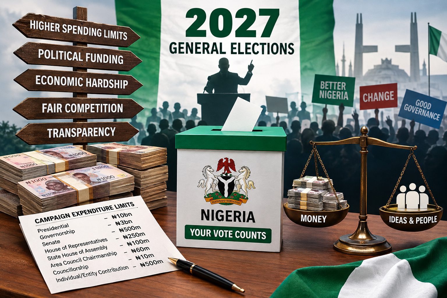 money, ballot box, equity scale