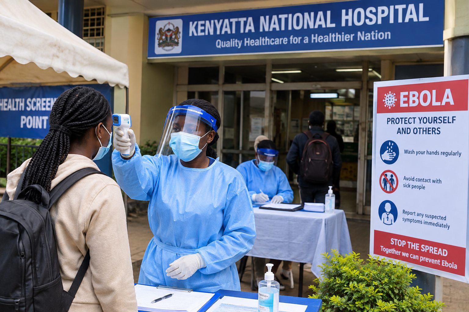 A health screening checkpoint outside Kenyatta National Hospital in Kenya.